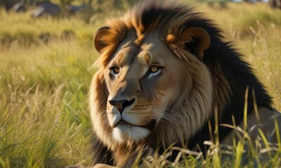 Fototapeta premium Black maned Kalahari lion resting in tall grass, rest, kalahari lion, black mane lion