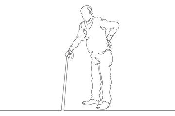 Continuous one line drawing elderly man on a walk. Old man with a cane. Pensioner. One continuous line isolated minimal illustration.Not AI.