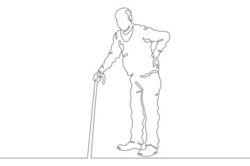 Continuous one line drawing elderly man on a walk. Old man with a cane. Pensioner. One continuous line isolated minimal illustration.Not AI.