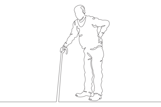 Continuous one line drawing elderly man on a walk. Old man with a cane. Pensioner. One continuous line isolated minimal illustration.Not AI.