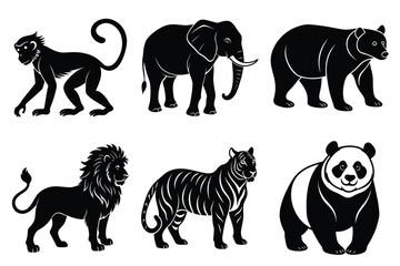 Wildlife animal silhouettes set isolated on white background