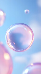 A collection of delicate soap bubbles floating against a soft, blue sky, evoking a sense of joy and playful serenity.
