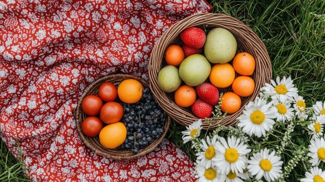Top-down view of a vibrant red picnic blanket with a white square pattern, adorned with a wicker fruit basket filled with fresh seasonal fruits