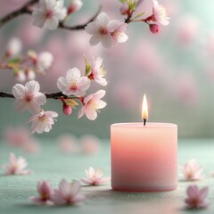 Pink candle, cherry blossoms, spring. Peaceful background, ideal for meditation or relaxation