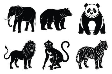 Wildlife animal silhouettes set isolated on white background