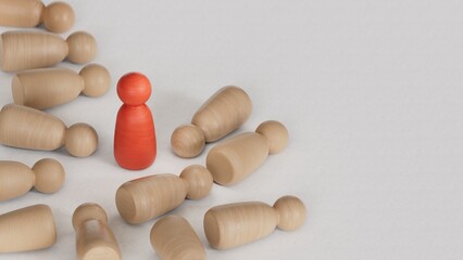 Success in business competition concept. Red figurine and wooden ones.Leadership with business success concept.3D rendering on white background.