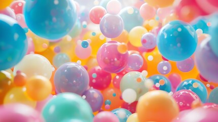 A 3D rendering of a bunch of pastel-colored balls floating in a gradient background.