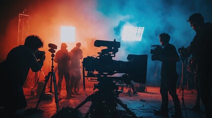 Cinematic Silhouettes: Film Crew at Work on Misty Stage. Abstract Marketing Background with Dramatic Lighting and High-Resolution Camera Capture. Creative Pattern for Posters, Banners, and Digital Med