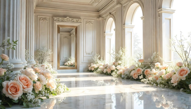 Sala interior adornada con detalles arquitect&oacute;nicos cl&aacute;sicos, como molduras, columnas y un gran espejo. Suaves tonos blancos y pastel. Arreglos florales blancos