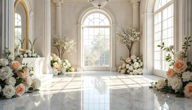 Sala interior adornada con detalles arquitect&oacute;nicos cl&aacute;sicos, como molduras, columnas y un gran espejo. Suaves tonos blancos y pastel. Arreglos florales blancos