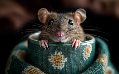 Cute rat peeking from a cozy cup.
