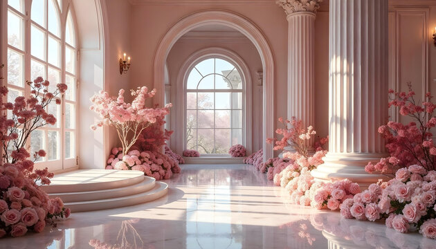 Sala interior adornada con detalles arquitect&oacute;nicos cl&aacute;sicos, como molduras, columnas y un gran espejo. Suaves tonos rosas y morados. Arreglos florales rosas