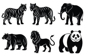 Wildlife animal silhouettes set isolated on white background