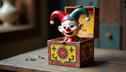 Vintage Jack-in-the-Box Jester with Playful Expression on Wooden Surface
