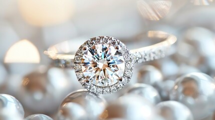 Fototapeta premium Exquisitely crafted round brilliant cut diamond engagement ring with a halo of shimmering diamonds, set in lustrous white gold.