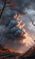 Fototapeta premium Charcoal powder clouds amidst broken twigs and branches, broken twigs, darkened forest floor