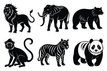 Wildlife animal silhouettes set isolated on white background