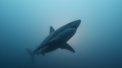 Fototapeta premium Shark in the sea, dramatic foggy photo. Generative AI