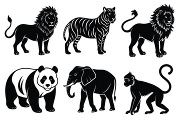 Wildlife animal silhouettes set isolated on white background