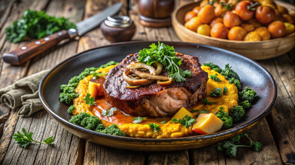Fototapeta premium Grilled steak with mashed potatoes and herbs