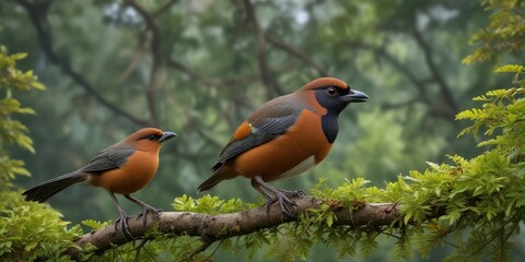 Fototapeta premium Chestnut-crowned laughingthrush on a tree branch with leaves and twigs , chestnut-crowned laughingthrush, leaves, nature