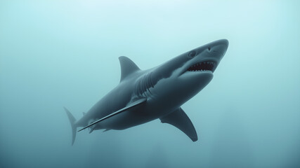 Obraz premium Shark in the sea, dramatic foggy photo. Generative AI