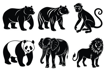 Wildlife animal silhouettes set isolated on white background