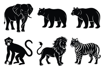 Wildlife animal silhouettes set isolated on white background