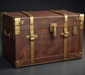 Classic trunk with gold hardware and worn leather handles, old travel trunks, vintage luggage, worn leather