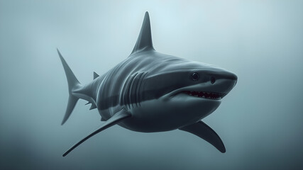 Fototapeta premium Shark in the sea, dramatic foggy photo. Generative AI