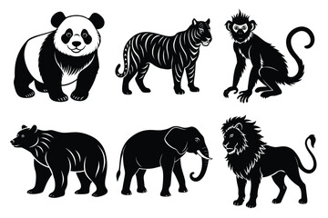 Wildlife animal silhouettes set isolated on white background