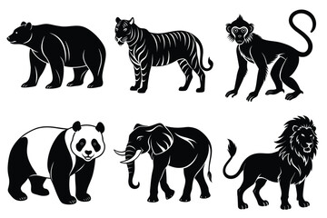 Wildlife animal silhouettes set isolated on white background