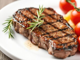 Close-up of a perfectly grilled beef steak with a sprig of rosemary and a few cherry tomatoes on the side, fresh herbs, restaurant presentation, tomato slices