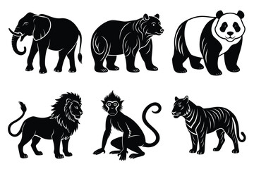 Wildlife animal silhouettes set isolated on white background