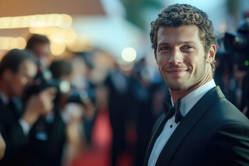 Fototapeta premium Happy celebrity smiles at paparazzi on red carpet