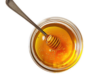 Glass honey bowl with honey scoop, High angle view of honey dipper Isolated without background PNG