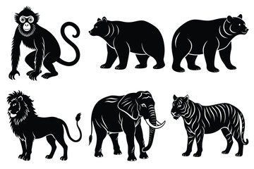 Wildlife animal silhouettes set isolated on white background