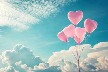 Fototapeta premium Heart shaped balloons in sky. Pink Heart Balloons Floating in Blue Sky for Valentine's Day .