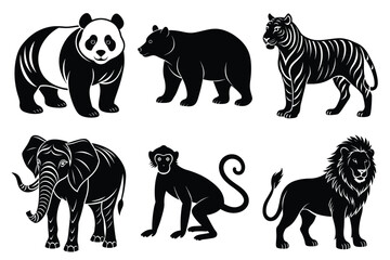 Wildlife animal silhouettes set isolated on white background