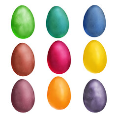 Bright festive Easter eggs in a set. Watercolor digital illustration. Pink, blue, green and yellow eggs, isolated on a white background. Spring and Easter theme, for cards, greetings and invitations