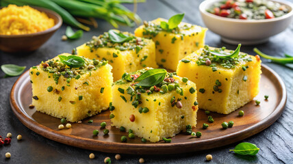 Herb butter cornbread squares on wooden platter