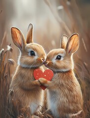 Fototapeta premium Cute rabbits holding a heart in a golden meadow at sunset