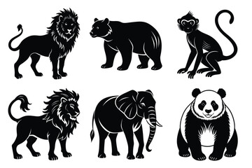 Wildlife animal silhouettes set isolated on white background