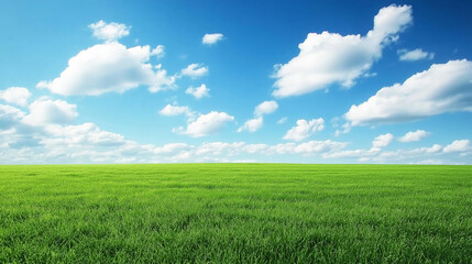 Fototapeta premium A vast, open green grassland beneath a clear blue sky and fluffy white clouds, stretching toward the horizon. The clean and simple background emphasizes the contrast between light and dark