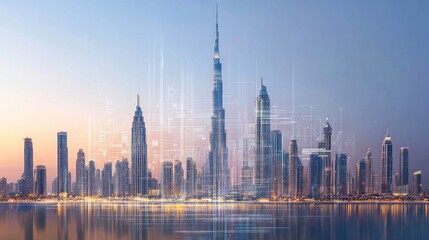 Obraz premium Stunning skyline of a modern city at sunrise with futuristic architecture and digital overlay showcasing urban innovation and urban development