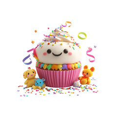 Adorable Cartoon Cupcake with Teddy Bears and Confetti for Birthday Celebration