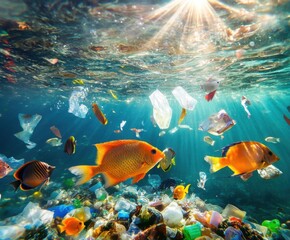 Naklejka premium Colorful fish swim among plastic waste in a polluted underwater environment during daylight