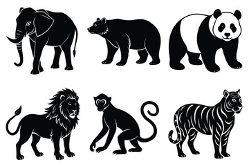 Wildlife animal silhouettes set isolated on white background