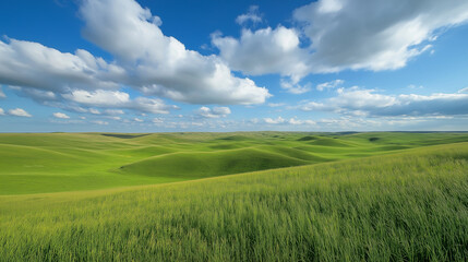 Obraz premium A vast, open green grassland beneath a clear blue sky and fluffy white clouds, stretching toward the horizon. The clean and simple background emphasizes the contrast between light and dark