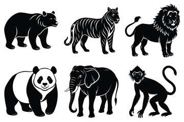 Wildlife animal silhouettes set isolated on white background